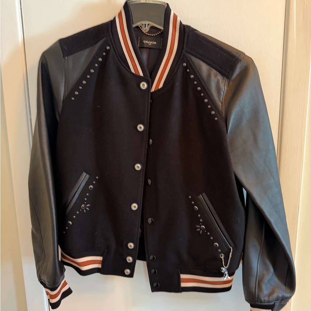 Coach Black Varsity Jacket with Leather Sleeves